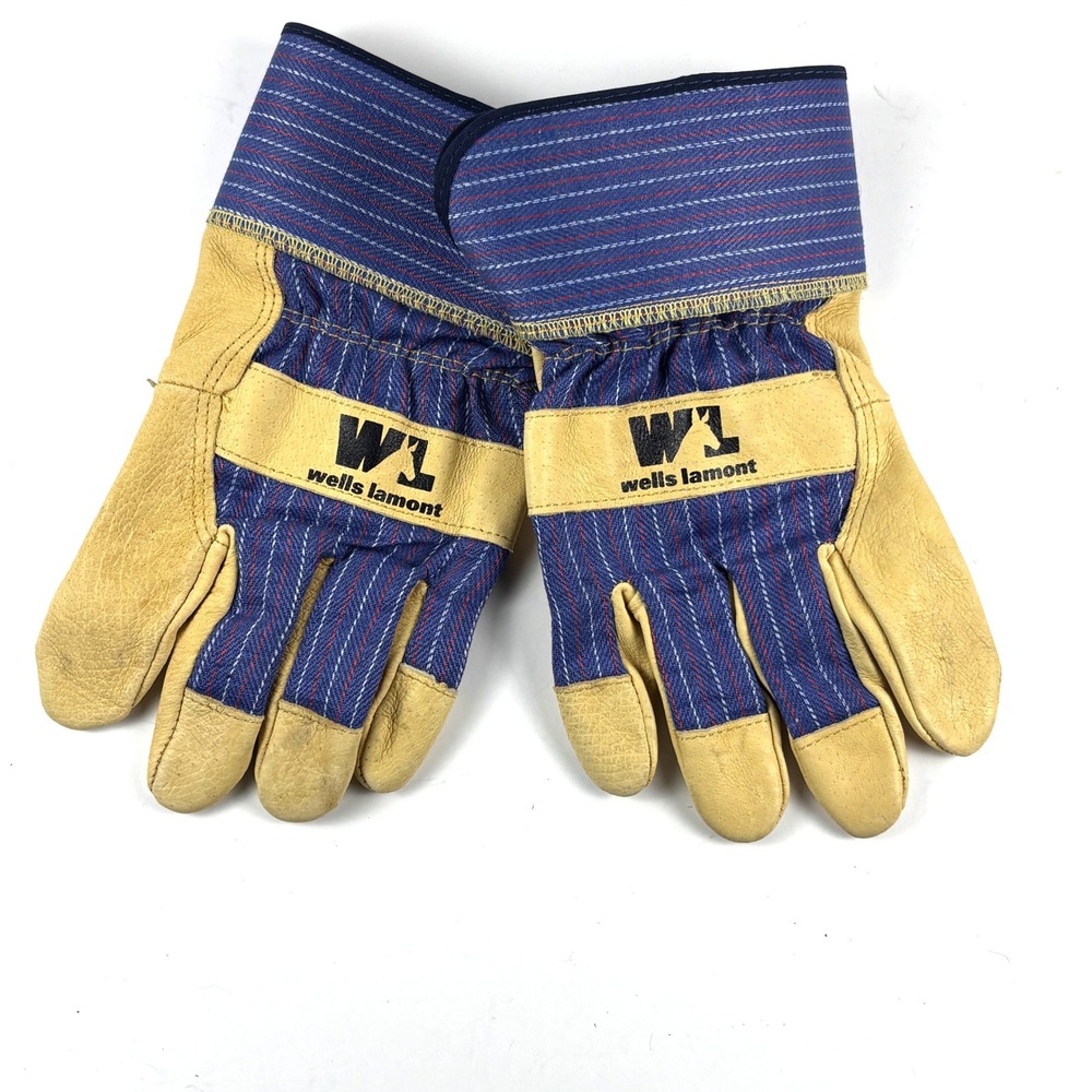 Wells Lamont Work Gloves Mens XL Blue Tan Pigskin Leather Striped Back